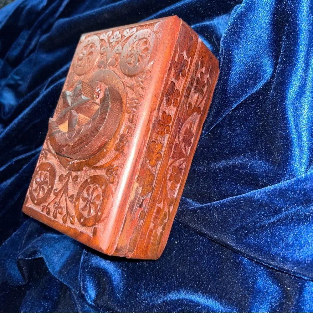 Handcarved Wooden Box with Star and Moon Relief Design‎